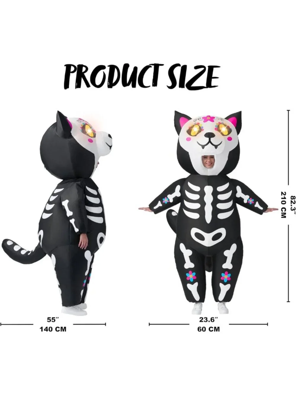 LED Eyes Inflatable Skeleton Cat Costume for Adults - Full Body Halloween Fun